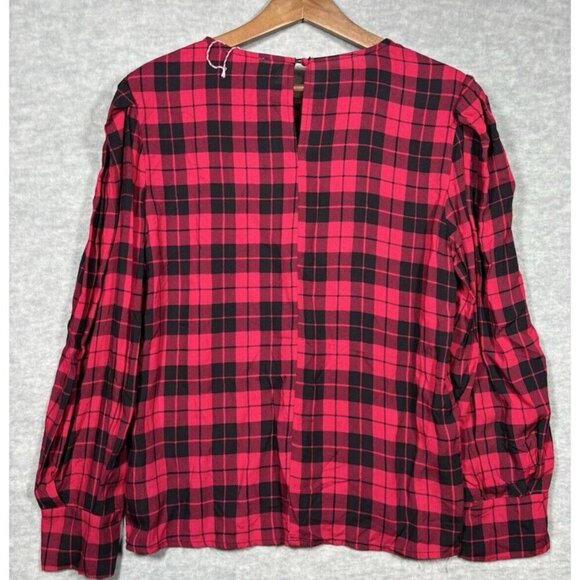 Umgee Womens Blouse Sz S Red Plaid Embroidered Floral Boho Cabin Long Sleeve - Picture 6 of 6